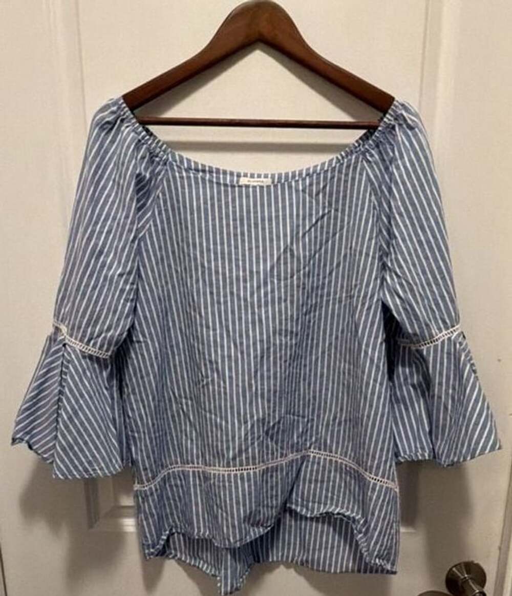 Pleione Blue and White Striped Off-the-Shoulder Bell Sleeve Blouse Size M